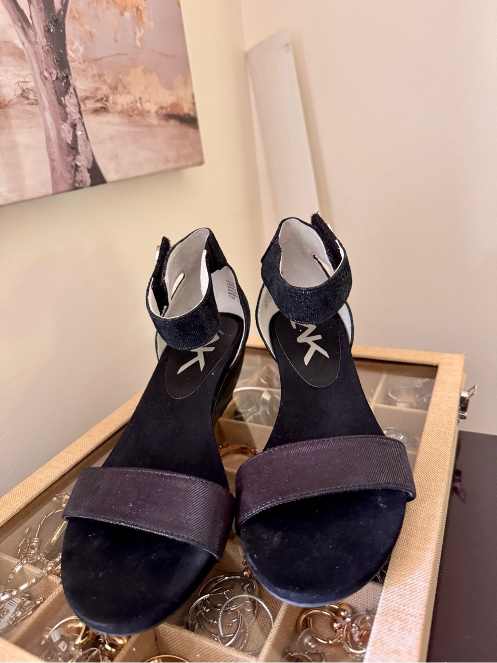 Anne Klein  Black Suede Open-Toe Ankle Strap Sandals